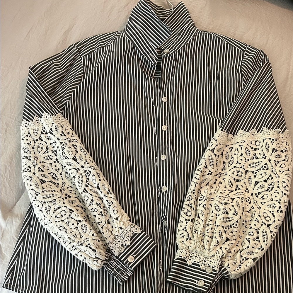Chico's Black and White Striped Button Down with Lace Sleeves